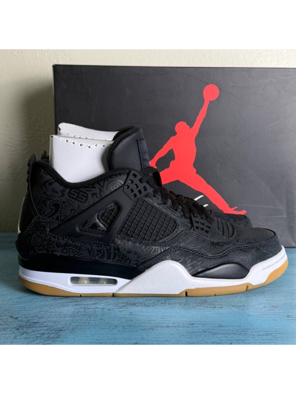 NIB Air Jordan 4 Retro Laser Black Gum Shoes Sz 8.5 w/ Box 30th Anniversary
